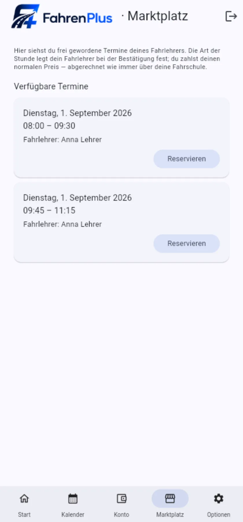 Marktplatz auf dem Smartphone aus Fahrschülersicht mit zwei frei gewordenen Terminen und Reservieren-Schaltflächen